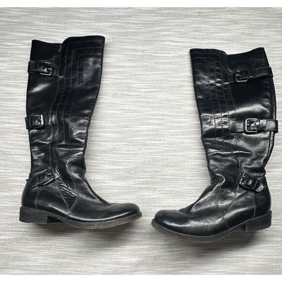 VTG Juicy Couture Y2K Grunge Knee High Black Leather Buckle Boots 8 Leather Sole - Picture 1 of 9